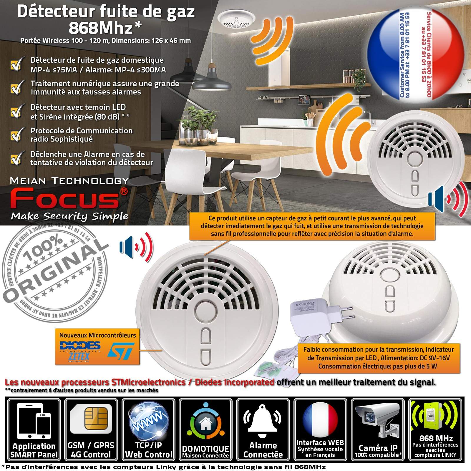 Detecteur gaz sans fil 20 40m 433mhz pour alarme sans fil ce1 detection gaz  alarme incendie gaz